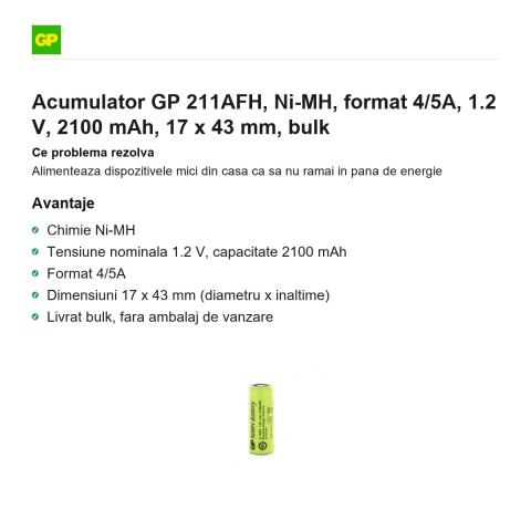 Acumulator GP 211AFH, Ni-MH, format 4/5A, 1.2 V, 2100 mAh, 17 x 43 mm, bulk [1]