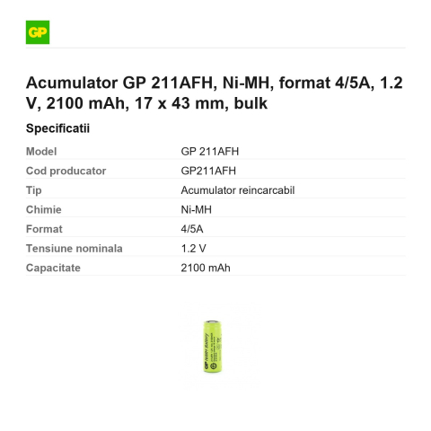 Acumulator GP 211AFH, Ni-MH, format 4/5A, 1.2 V, 2100 mAh, 17 x 43 mm, bulk [2]