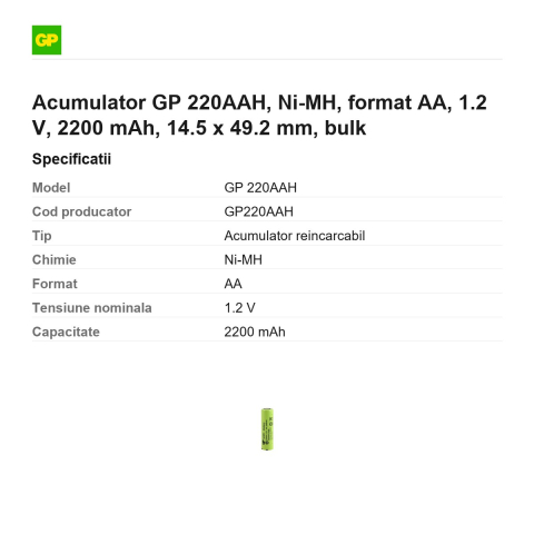 Acumulator GP 220AAH, Ni-MH, format AA, 1.2 V, 2200 mAh, 14.5 x 49.2 mm, bulk [2]
