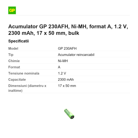 Acumulator GP 230AFH, Ni-MH, format A, 1.2 V, 2300 mAh, 17 x 50 mm, bulk [2]