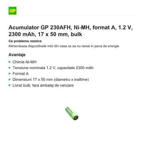 Acumulator GP 230AFH, Ni-MH, format A, 1.2 V, 2300 mAh, 17 x 50 mm, bulk [1]