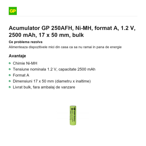 Acumulator GP 250AFH, Ni-MH, format A, 1.2 V, 2500 mAh, 17 x 50 mm, bulk [1]