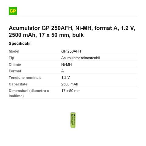 Acumulator GP 250AFH, Ni-MH, format A, 1.2 V, 2500 mAh, 17 x 50 mm, bulk [2]