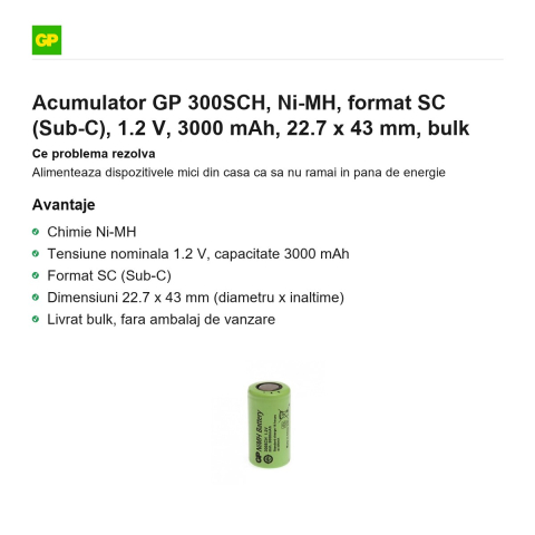 Acumulator GP 300SCH, Ni-MH, format SC (Sub-C), 1.2 V, 3000 mAh, 22.7 x 43 mm, bulk [1]