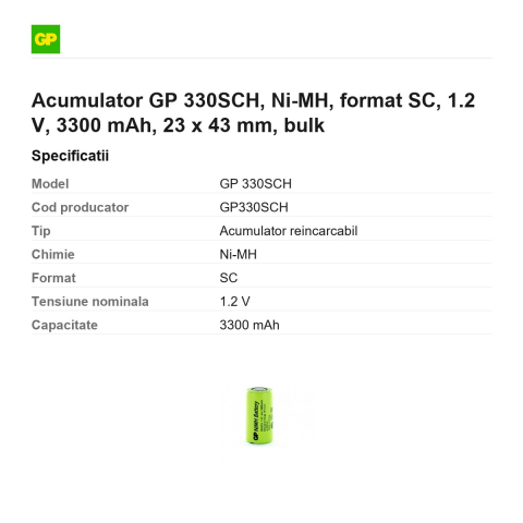 Acumulator GP 330SCH, Ni-MH, format SC, 1.2 V, 3300 mAh, 23 x 43 mm, bulk [2]