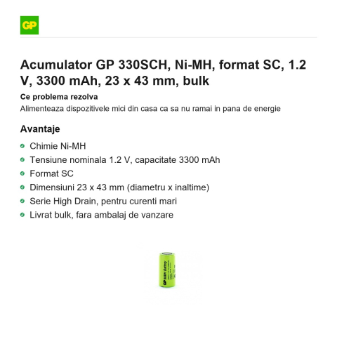 Acumulator GP 330SCH, Ni-MH, format SC, 1.2 V, 3300 mAh, 23 x 43 mm, bulk [1]