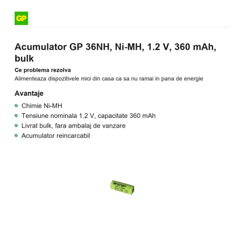 Acumulator GP 36NH, Ni-MH, 1.2 V, 360 mAh, bulk [1]