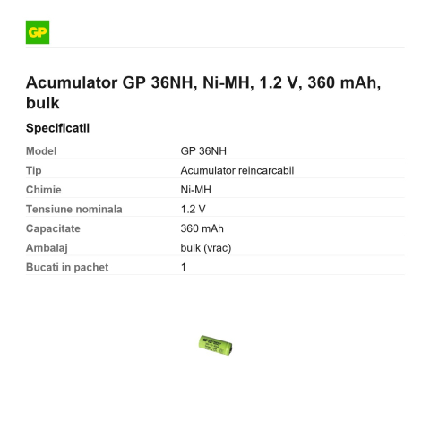 Acumulator GP 36NH, Ni-MH, 1.2 V, 360 mAh, bulk [2]
