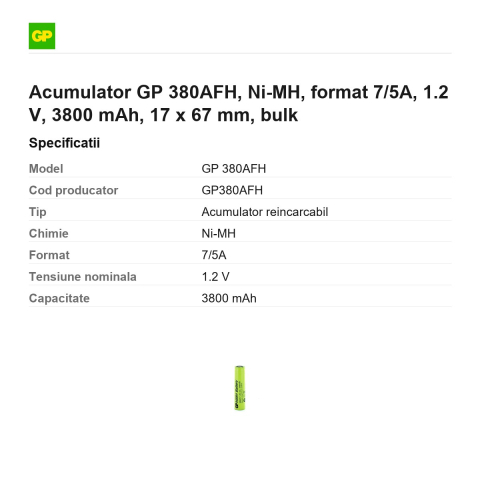 Acumulator GP 380AFH, Ni-MH, format 7/5A, 1.2 V, 3800 mAh, 17 x 67 mm, bulk [2]