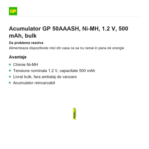 Acumulator GP 50AAASH, Ni-MH, 1.2 V, 500 mAh, bulk [1]