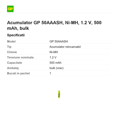 Acumulator GP 50AAASH, Ni-MH, 1.2 V, 500 mAh, bulk [2]