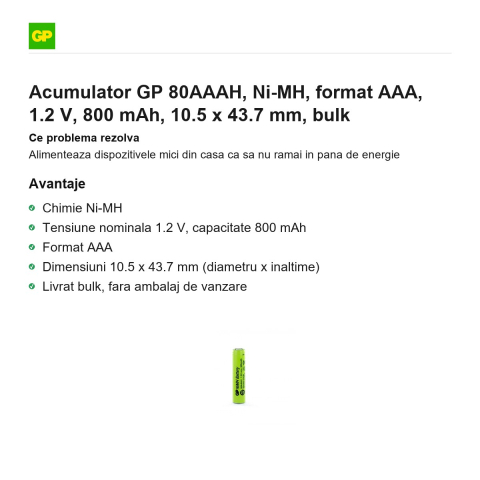 Acumulator GP 80AAAH, Ni-MH, format AAA, 1.2 V, 800 mAh, 10.5 x 43.7 mm, bulk [1]