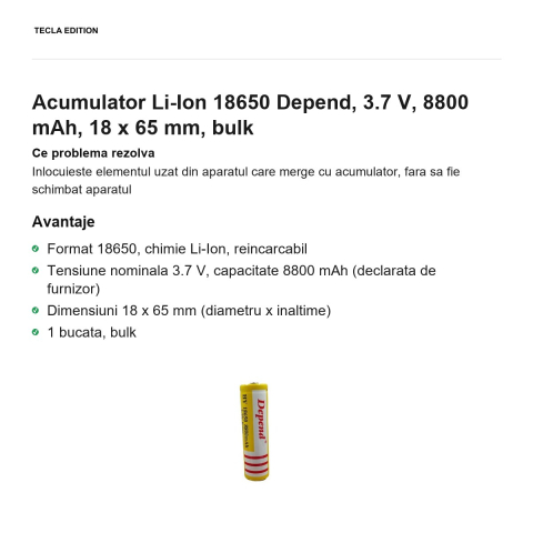 Acumulator Li-Ion 18650 Depend, 3.7 V, 8800 mAh, 18 x 65 mm, bulk [1]