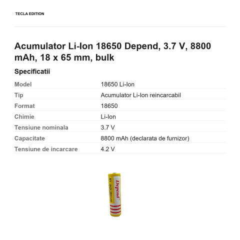 Acumulator Li-Ion 18650 Depend, 3.7 V, 8800 mAh, 18 x 65 mm, bulk [2]