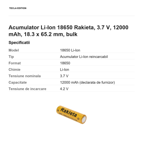 Acumulator Li-Ion 18650 Rakieta, 3.7 V, 12000 mAh, 18.3 x 65.2 mm, bulk [2]