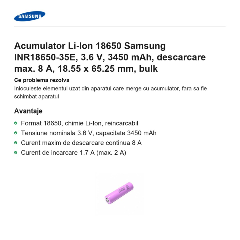 Acumulator Li-Ion 18650 Samsung INR18650-35E, 3.6 V, 3450 mAh, descarcare max. 8 A, 18.55 x 65.25 mm, bulk [1]
