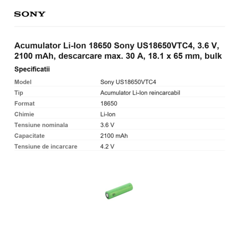 Acumulator Li-Ion 18650 Sony US18650VTC4, 3.6 V, 2100 mAh, descarcare max. 30 A, 18.1 x 65 mm, bulk [2]