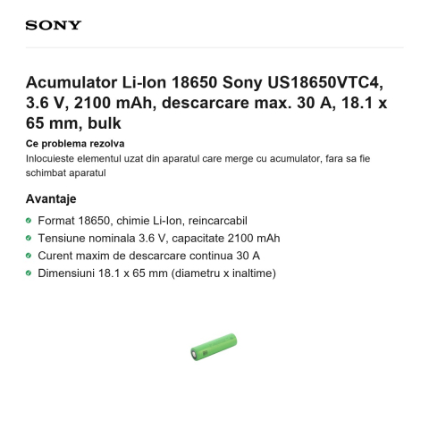 Acumulator Li-Ion 18650 Sony US18650VTC4, 3.6 V, 2100 mAh, descarcare max. 30 A, 18.1 x 65 mm, bulk [1]