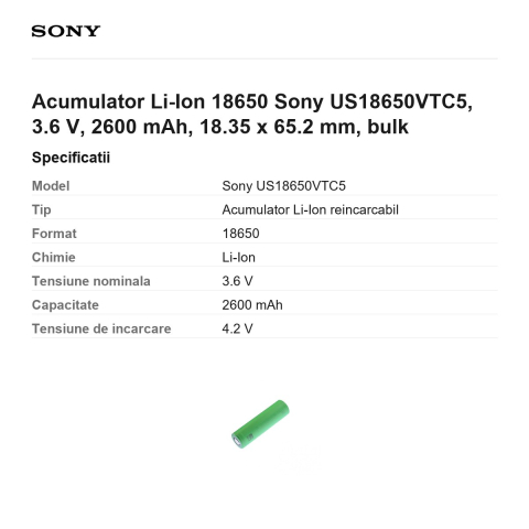 Acumulator Li-Ion 18650 Sony US18650VTC5, 3.6 V, 2600 mAh, 18.35 x 65.2 mm, bulk [2]