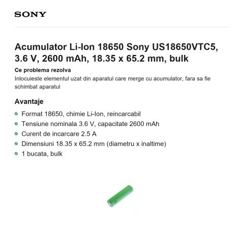 Acumulator Li-Ion 18650 Sony US18650VTC5, 3.6 V, 2600 mAh, 18.35 x 65.2 mm, bulk [1]