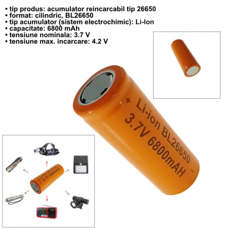 Acumulator Li-Ion 26650, 3.7V, 6800mAh, BL26650, portocaliu [4]