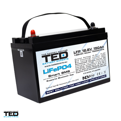 Acumulator LiFePO4 TED Electric 12,8 V, 150 Ah, 1920 Wh, BMS integrat, Bluetooth, 330 x 171 x 215 mm, borne M8, TED007414 [0]