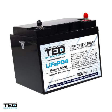 Baterii LiFePO4 - Acumulator LiFePO4 TED Electric 12,8 V, 50 Ah, 640 Wh, BMS integrat, Bluetooth, 197 x 166 x 170 mm, borne M6, TED007391
