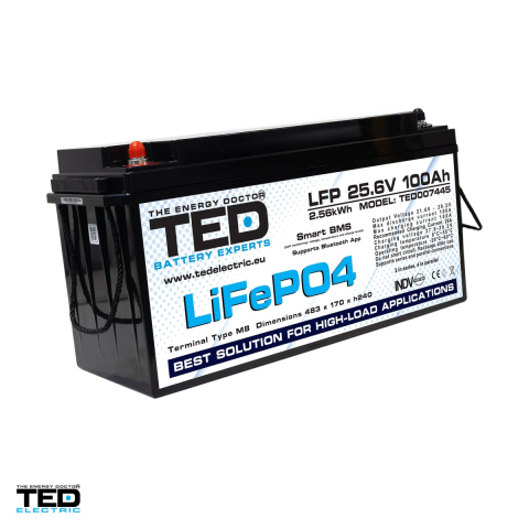Baterii LiFePO4 - Acumulator LiFePO4 TED Electric 25,6 V, 100 Ah, 2560 Wh, BMS integrat, Bluetooth, 483 x 170 x 240 mm, borne M8, TED007445