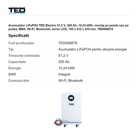 Acumulator LiFePO4 TED Electric 51,2 V, 200 Ah, 10,24 kWh, montaj pe perete sau pe podea, BMS, Wi-Fi, Bluetooth, ecran LCD, 745 x 415 x 235 mm, TED008978 [2]