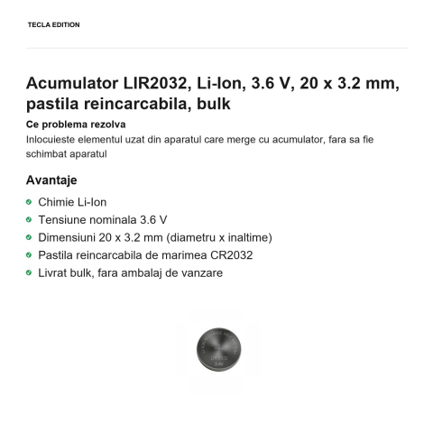 Acumulator LIR2032, Li-Ion, 3.6 V, 20 x 3.2 mm, pastila reincarcabila, bulk [1]