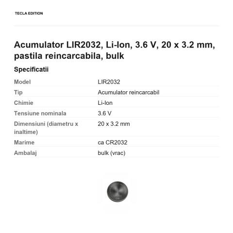 Acumulator LIR2032, Li-Ion, 3.6 V, 20 x 3.2 mm, pastila reincarcabila, bulk [2]