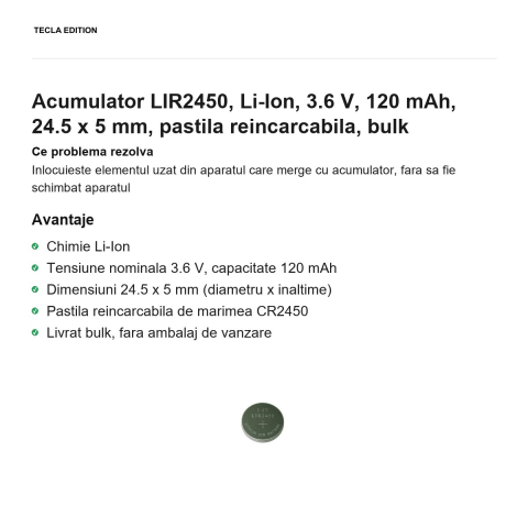 Acumulator LIR2450, Li-Ion, 3.6 V, 120 mAh, 24.5 x 5 mm, pastila reincarcabila, bulk [1]