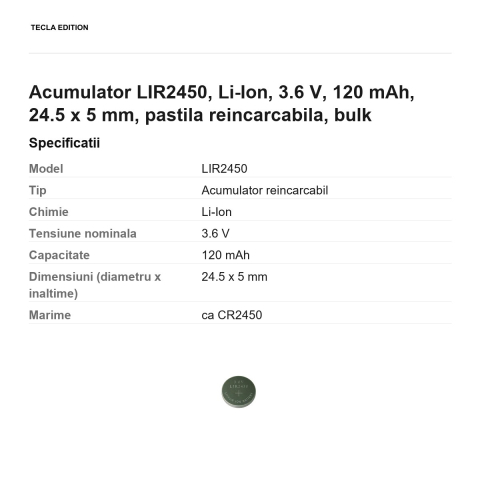 Acumulator LIR2450, Li-Ion, 3.6 V, 120 mAh, 24.5 x 5 mm, pastila reincarcabila, bulk [2]