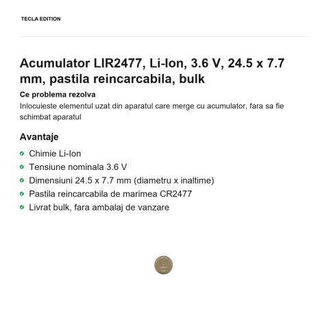 Acumulator LIR2477, Li-Ion, 3.6 V, 24.5 x 7.7 mm, pastila reincarcabila, bulk [1]