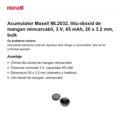Acumulator Maxell ML2032, litiu-dioxid de mangan reincarcabil, 3 V, 65 mAh, 20 x 3.2 mm, bulk [1]