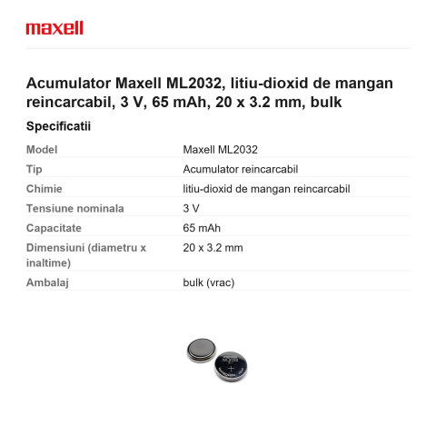 Acumulator Maxell ML2032, litiu-dioxid de mangan reincarcabil, 3 V, 65 mAh, 20 x 3.2 mm, bulk [2]