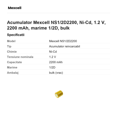 Acumulator Mexcell NS1/2D2200, Ni-Cd, 1.2 V, 2200 mAh, marime 1/2D, bulk [2]