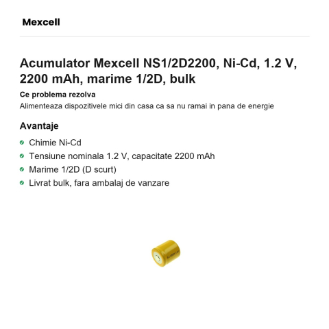 Acumulator Mexcell NS1/2D2200, Ni-Cd, 1.2 V, 2200 mAh, marime 1/2D, bulk [1]