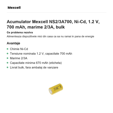 Acumulator Mexcell NS2/3A700, Ni-Cd, 1.2 V, 700 mAh, marime 2/3A, bulk [1]