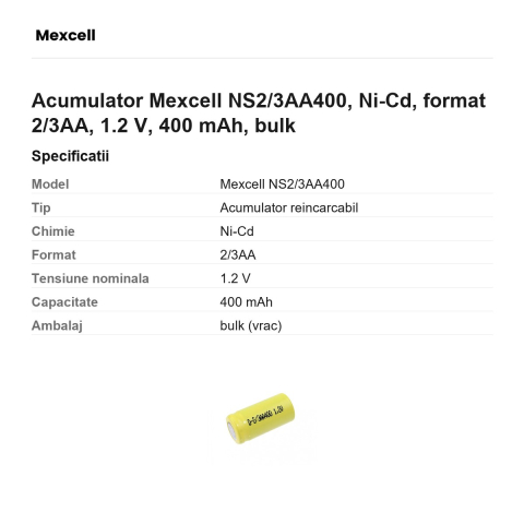 Acumulator Mexcell NS2/3AA400, Ni-Cd, format 2/3AA, 1.2 V, 400 mAh, bulk [2]