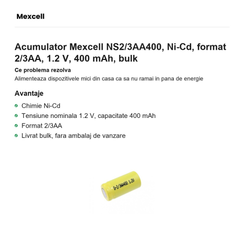 Acumulator Mexcell NS2/3AA400, Ni-Cd, format 2/3AA, 1.2 V, 400 mAh, bulk [1]