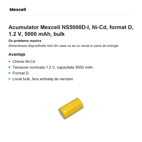 Acumulator Mexcell NS5000D-I, Ni-Cd, format D, 1.2 V, 5000 mAh, bulk [1]
