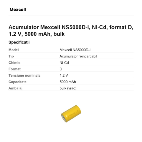 Acumulator Mexcell NS5000D-I, Ni-Cd, format D, 1.2 V, 5000 mAh, bulk [2]