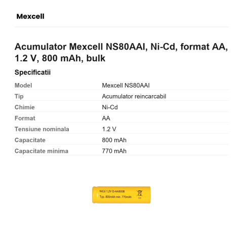 Acumulator Mexcell NS80AAI, Ni-Cd, format AA, 1.2 V, 800 mAh, bulk [2]