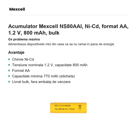 Acumulator Mexcell NS80AAI, Ni-Cd, format AA, 1.2 V, 800 mAh, bulk [1]