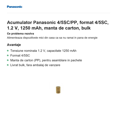 Acumulator Panasonic 4/5SC/PP, format 4/5SC, 1.2 V, 1250 mAh, manta de carton, bulk [1]
