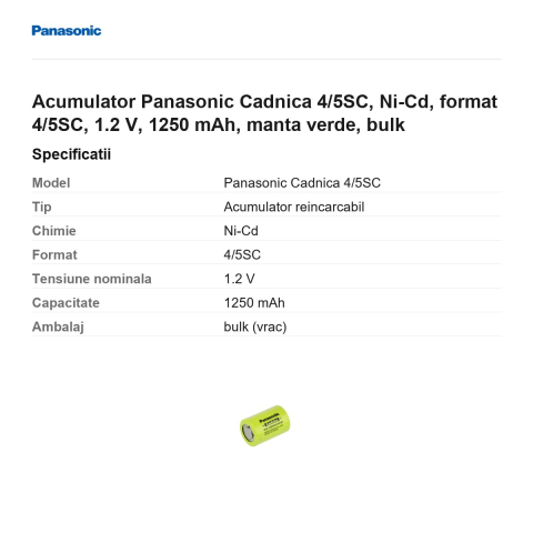 Acumulator Panasonic Cadnica 4/5SC, Ni-Cd, format 4/5SC, 1.2 V, 1250 mAh, manta verde, bulk [2]
