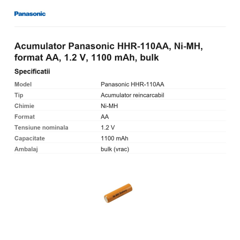 Acumulator Panasonic HHR-110AA, Ni-MH, format AA, 1.2 V, 1100 mAh, bulk [2]