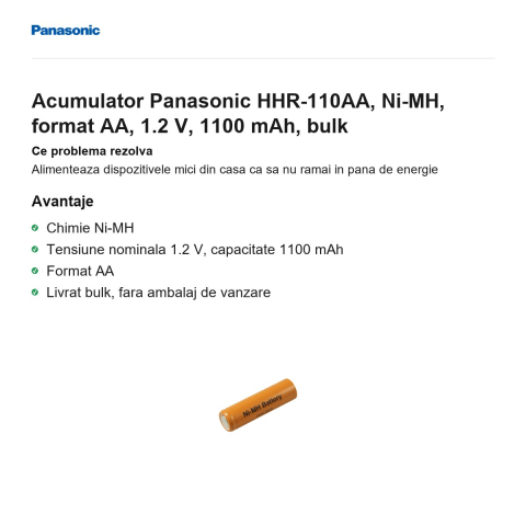 Acumulator Panasonic HHR-110AA, Ni-MH, format AA, 1.2 V, 1100 mAh, bulk [1]