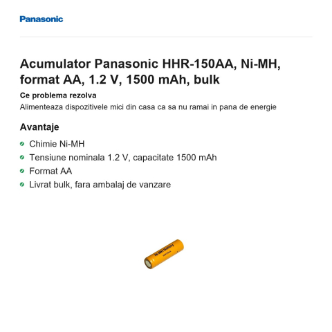 Acumulator Panasonic HHR-150AA, Ni-MH, format AA, 1.2 V, 1500 mAh, bulk [1]